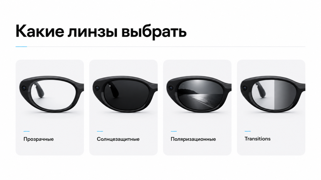 Прозрачные, солнцезащитные, поляризационные и фотохромные линзы для умных очков Meta*